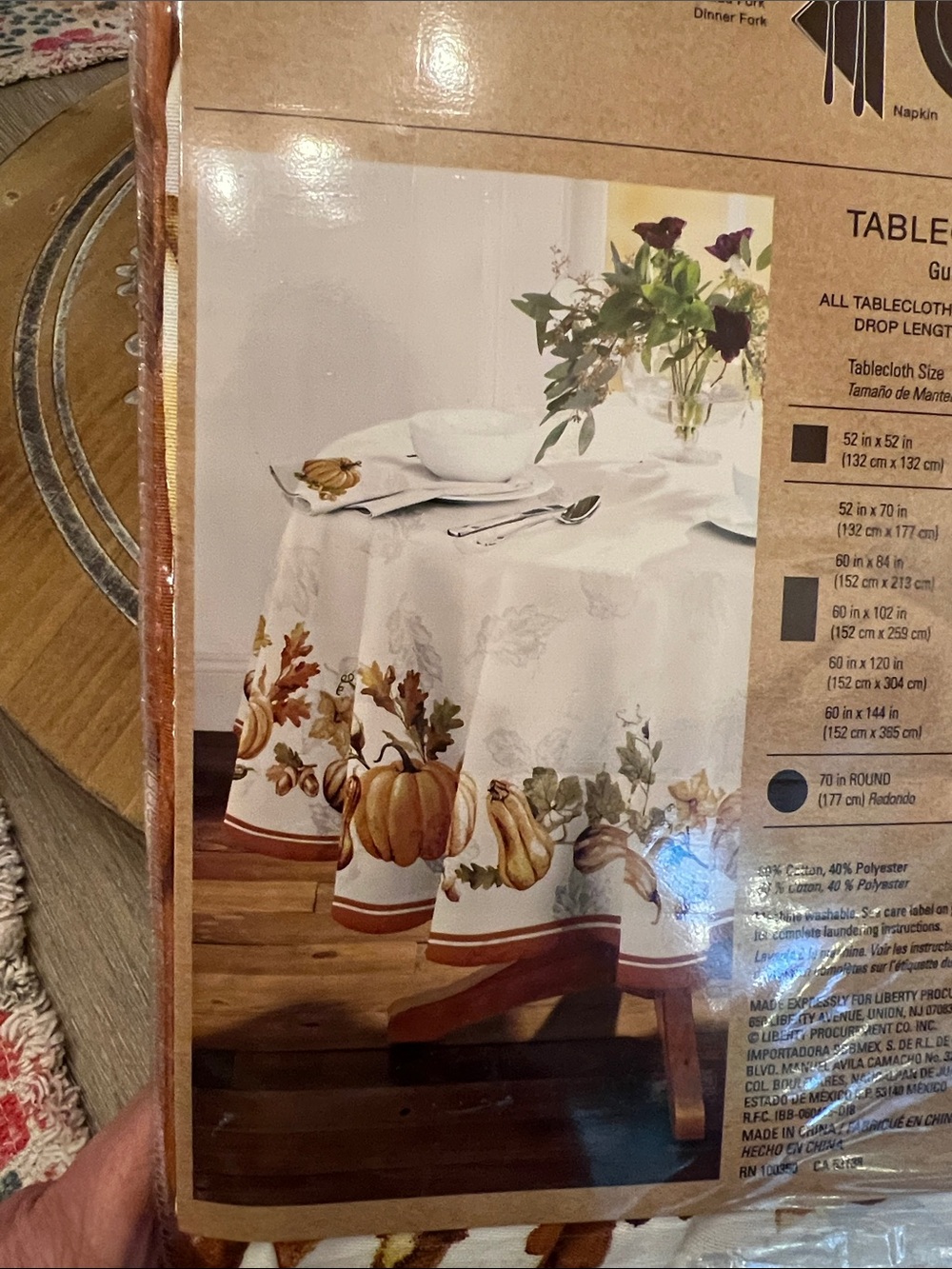 70” round cloth Autumn Harvest Tablecloth - White with Pumpkin Border